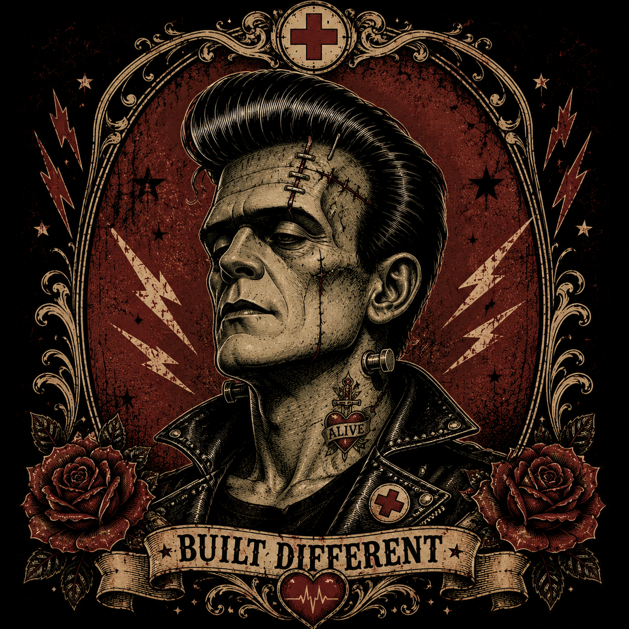Frankenstein's Monster in a Rockabilly Pompadour